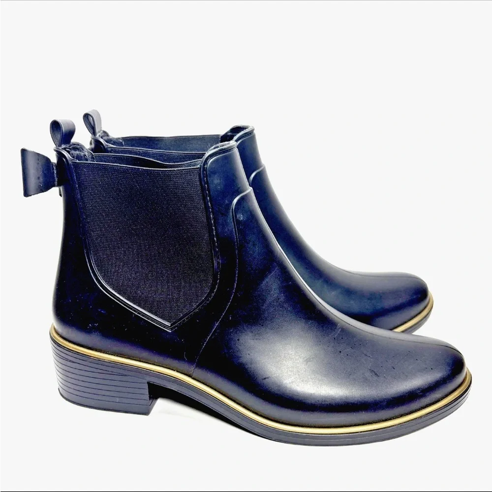 Kate Spade Rain Boots 10 Black Rubber  Bow Accents pull on ankle Edimburg